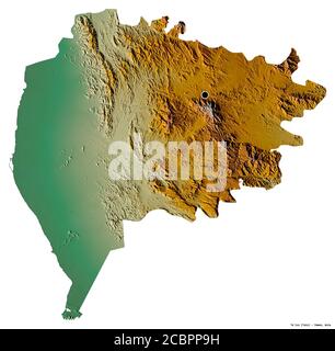 Form von Ta`izz, Gouvernement des Jemen, mit seiner Hauptstadt isoliert auf weißem Hintergrund. Topografische Reliefkarte. 3D-Rendering Stockfoto